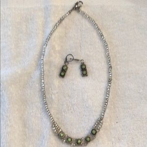 Silver and Green Beaded Necklace and Earrings